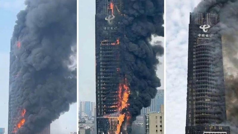 Videos: Un incendio arrasó con un rascacielos de 200 metros en China