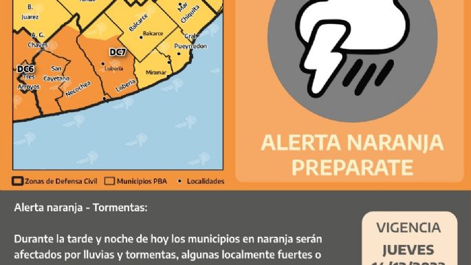 Renuevan el alerta naranja por tormentas severas para Necochea: Defensa Civil pide precaución a la población