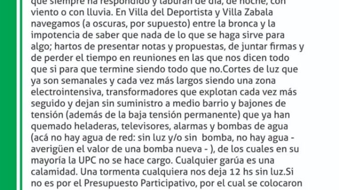 Villa del Deportista: Vecinos exigen respuestas ante los reiterados cortes de energía eléctrica