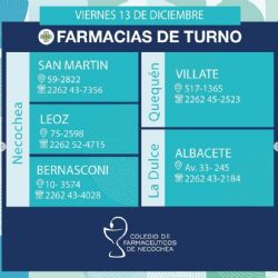 Farmacias de turno en Necochea y Quequén este viernes 13-12