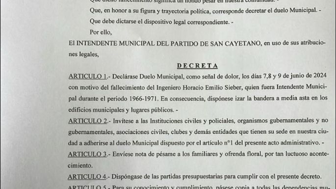 Tres días de duelo en San Cayetano por la muerte del ex intendente Sieber